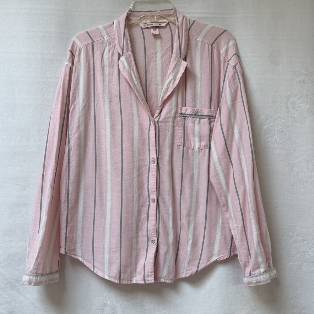 Victoria’s Secret Pajama Shirt Pink White Stripes Womens Medium Cozy Loungewear